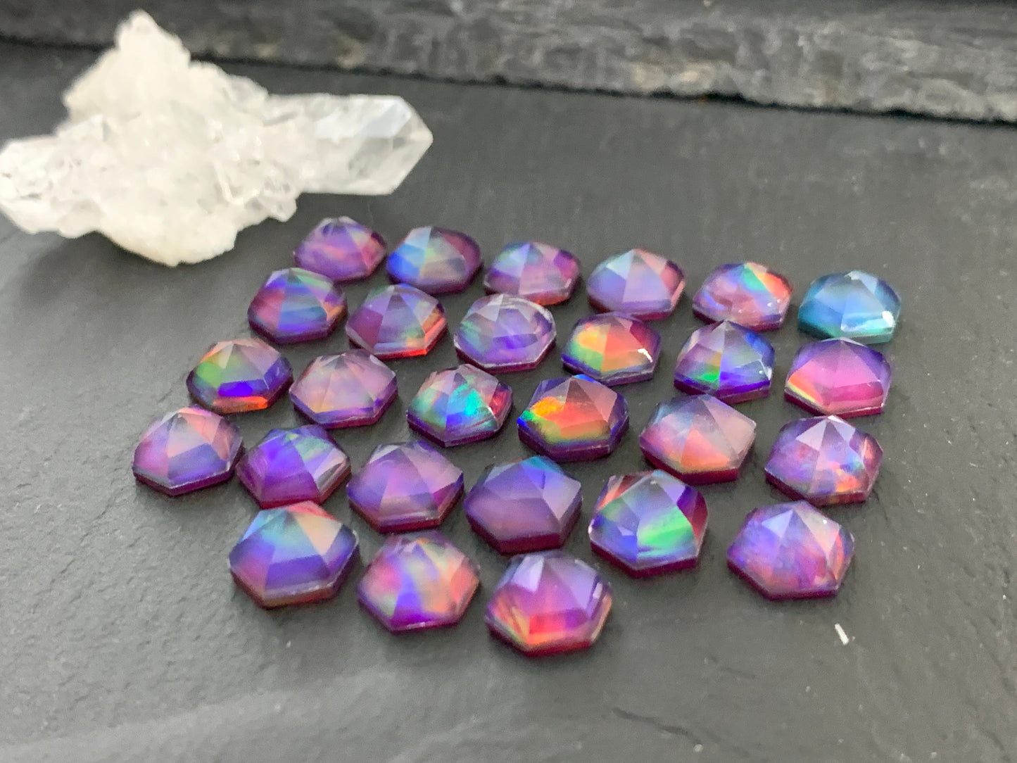 Faceted Aurora Opal hexagon 8x9mm cabochon - Doublet cabochons