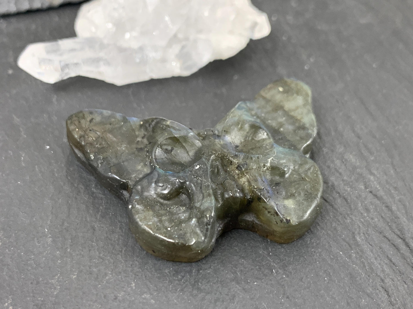 Labradorite Butterfly Carving - 29x41mm Flat Back Ghost Face Gemstone