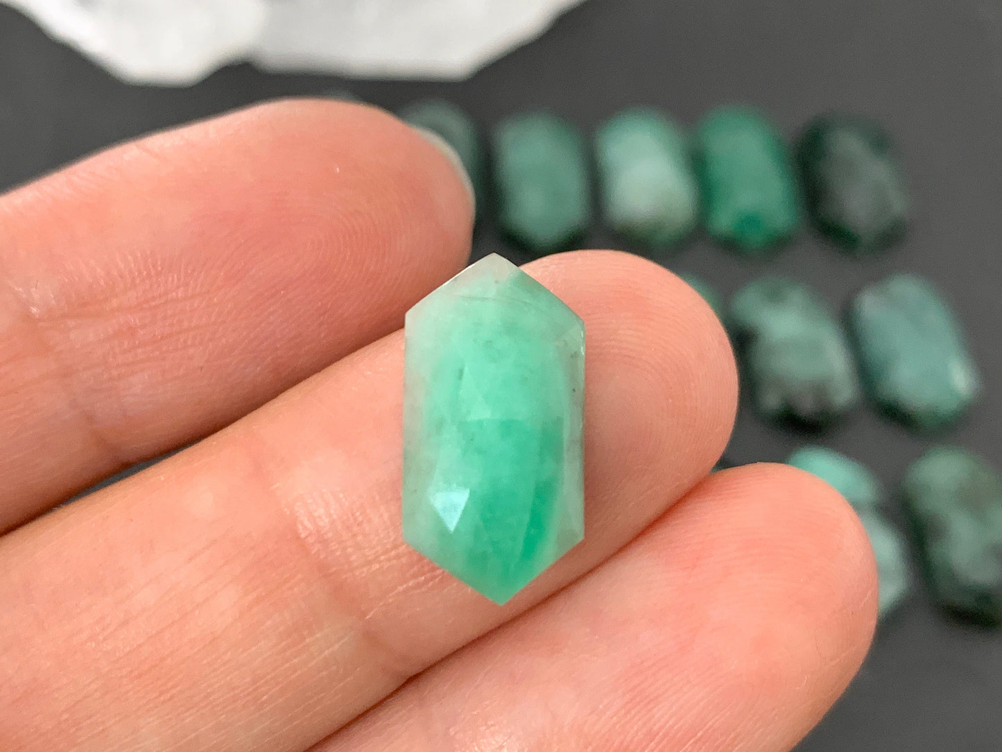 Faceted Emerald long hexagon 8x16mm cabochon