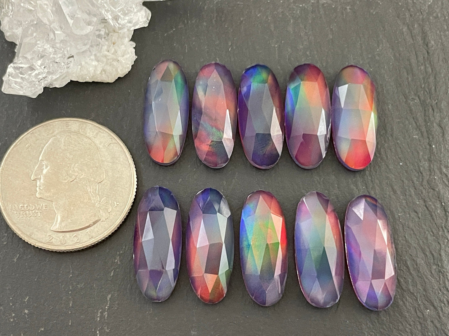 Faceted Aurora Opal oval 8x20mm cabochon - Doublet cabochons