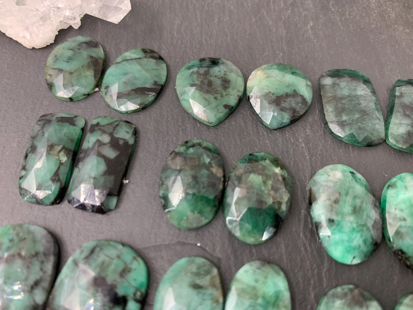 Faceted Emerald Pair 16-21mm long Cabochon