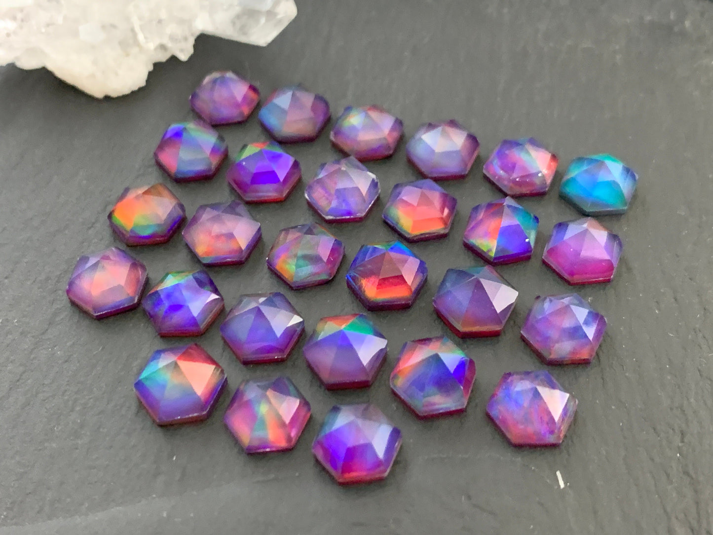 Faceted Aurora Opal hexagon 8x9mm cabochon - Doublet cabochons