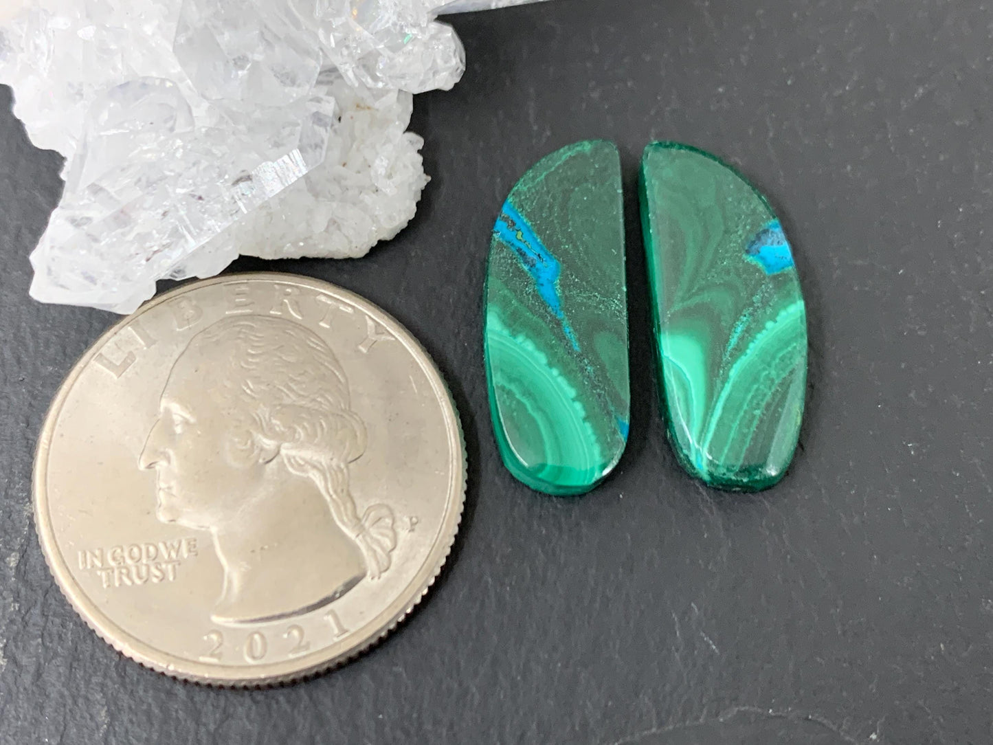 Malachite Chrysocolla free form 8x22x3mm cabochon pair