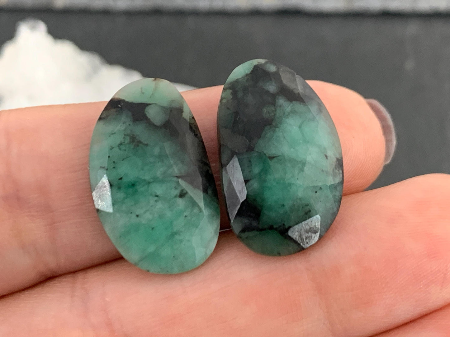 Faceted Emerald Pair 12x20x3mm cabochon