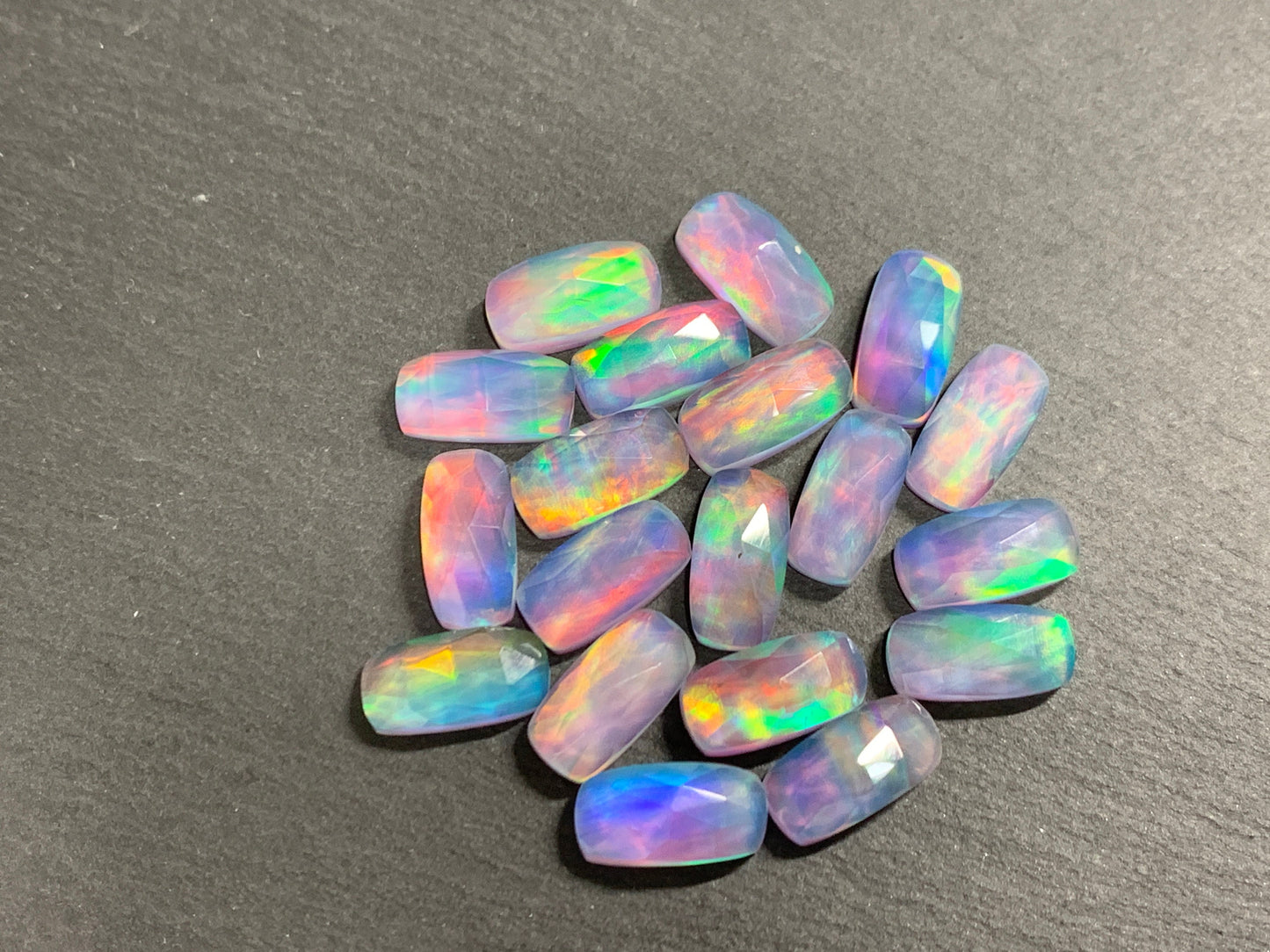 Faceted Aurora Opal rectangle cushion 7x14mm cabochon - Doublet cabochon