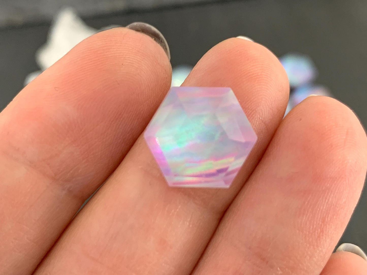 Faceted Aurora Opal hexagon 12mm cabochon - Doublet cabochons - man made Opal