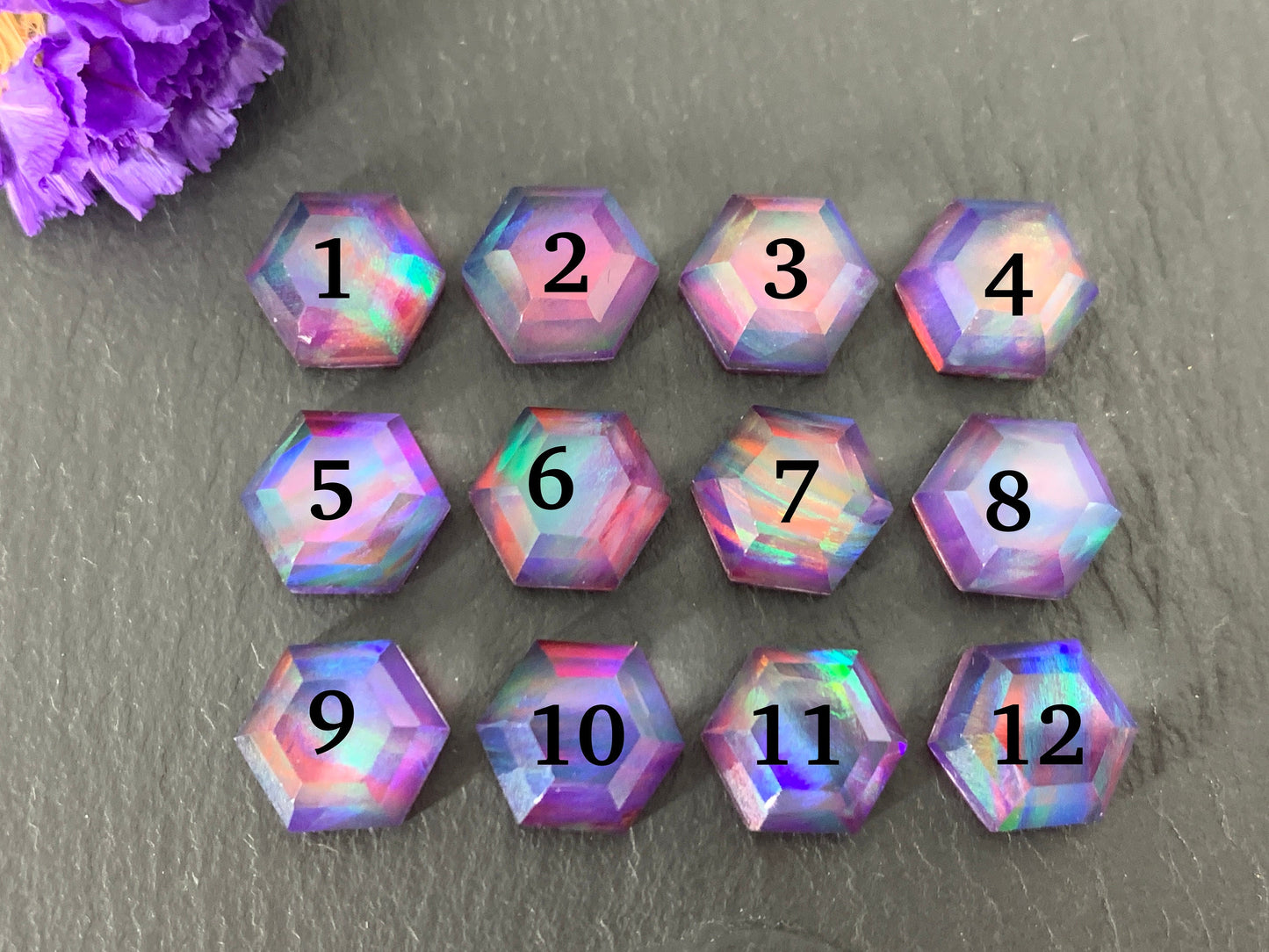 Faceted Aurora Opal hexagon 9mm cabochon - Doublet cabochons