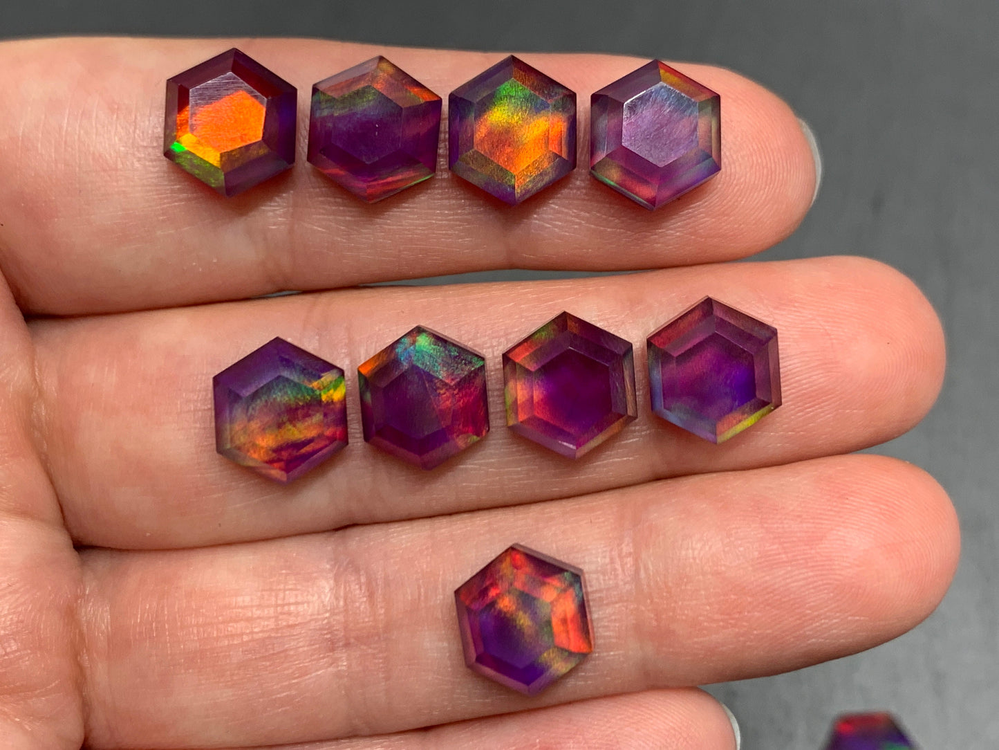 Faceted Aurora Opal hexagon 9mm cabochon - Doublet cabochons