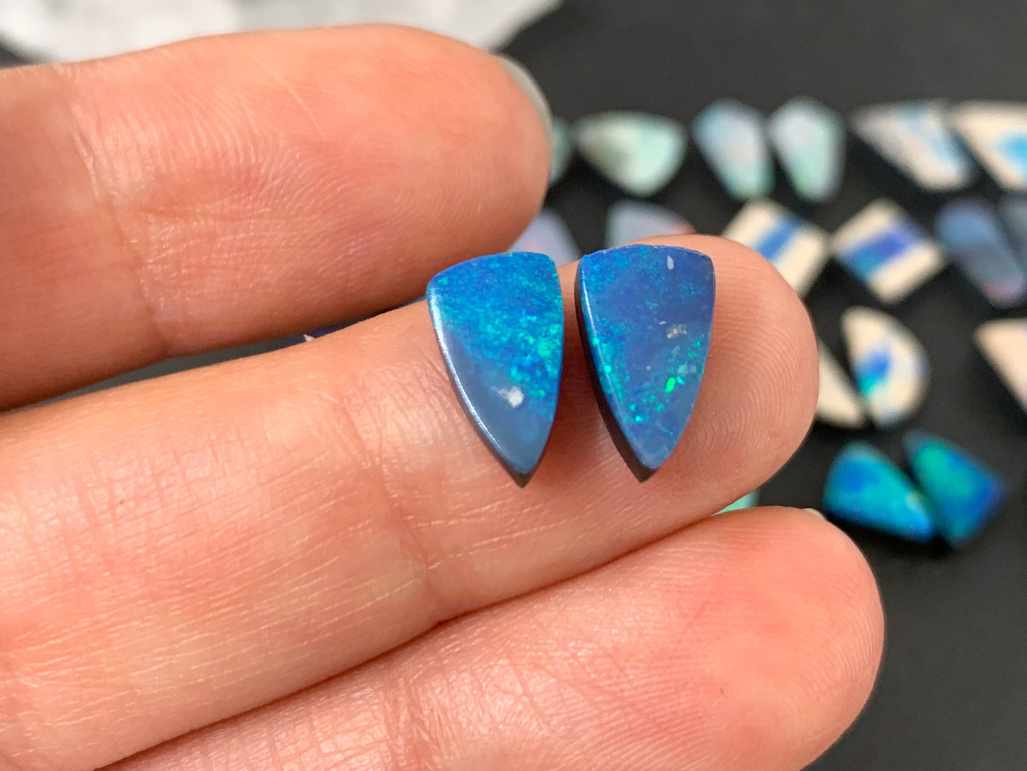 Pair Australian Opal doublet 9-12mm long cabochon