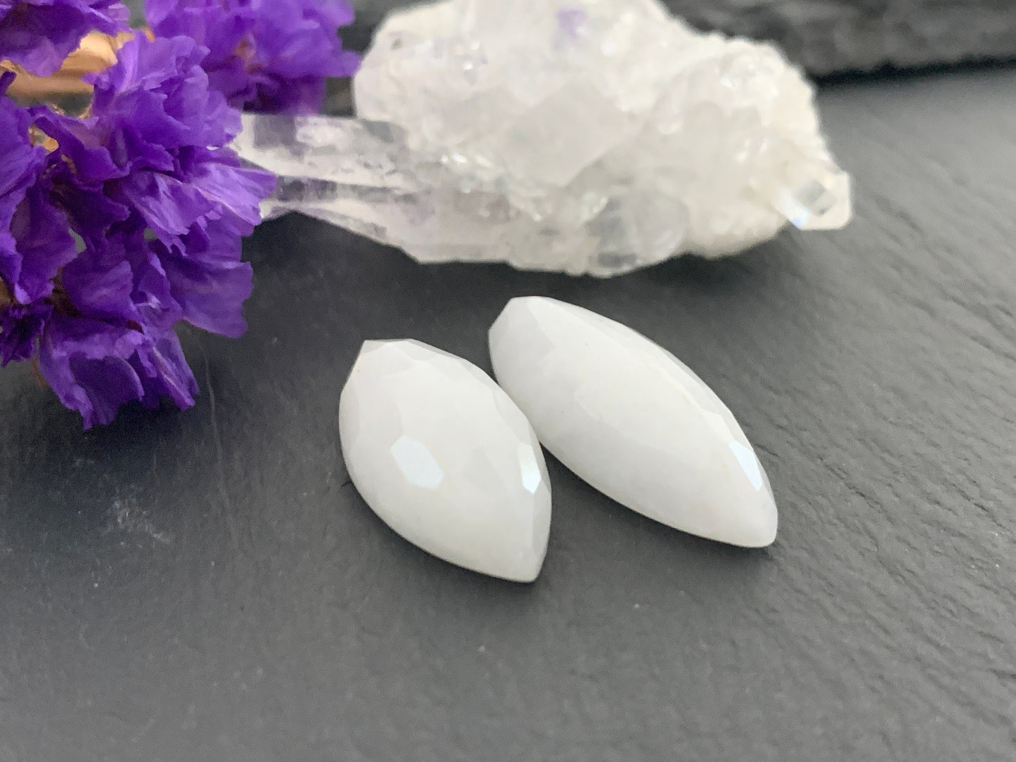 Faceted White Quartzite marquise 10x20mm, 10x25mm cabochon | Calibrated Cabochons