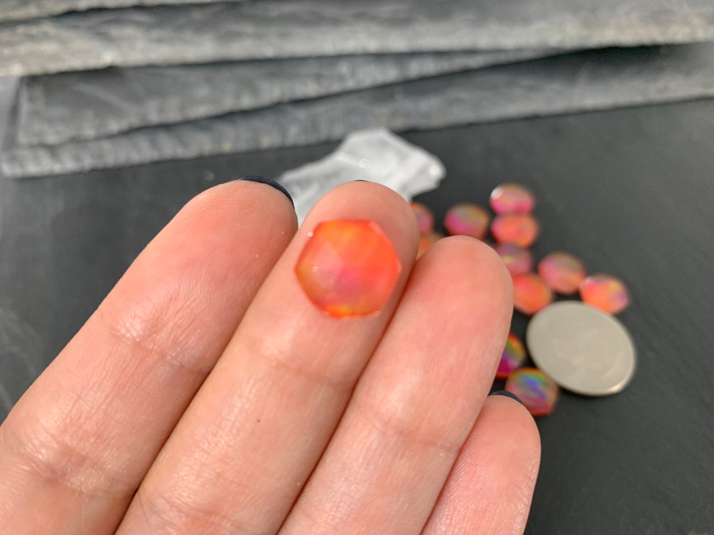 Faceted Orange Aurora Opal hexagon 10mm cabochon - Doublet cabochons