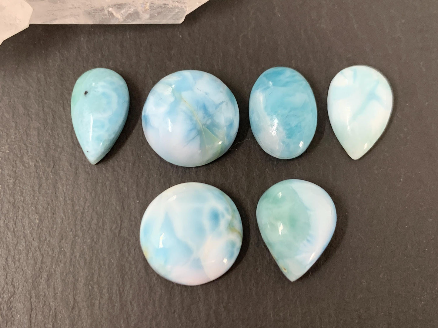 Larimar cabochon 13mm long pear, round, oval