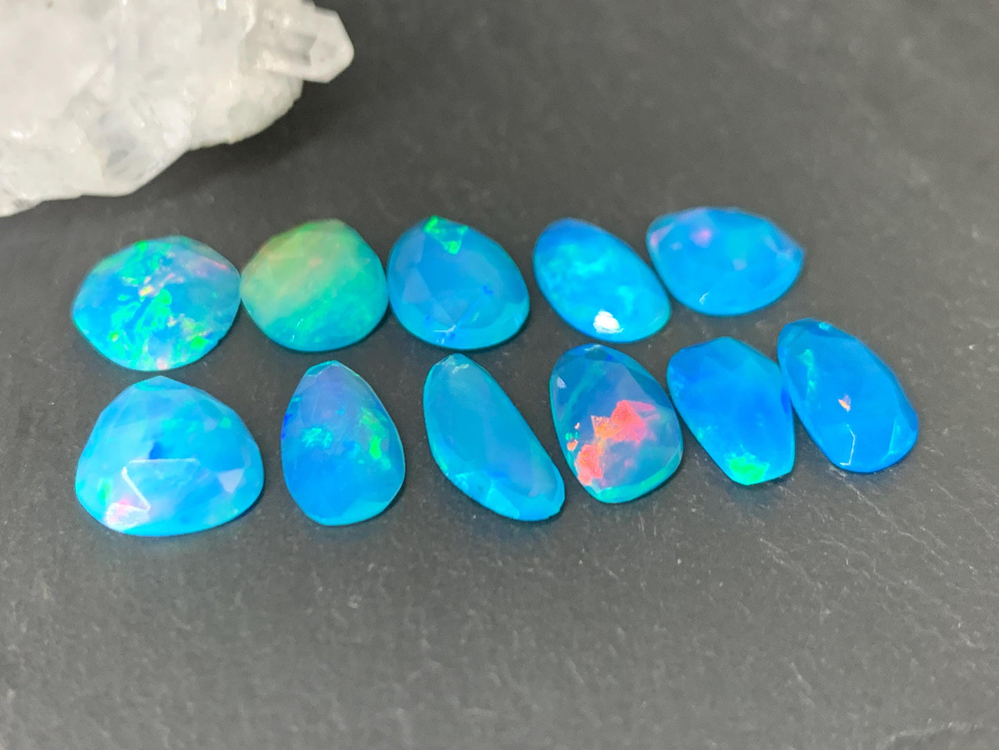 Faceted Blue Ethiopian Opal 10-13mm long cabochon