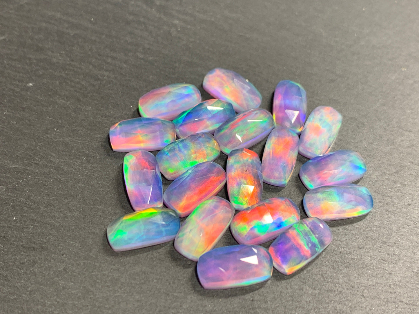 Faceted Aurora Opal rectangle cushion 7x14mm cabochon - Doublet cabochon