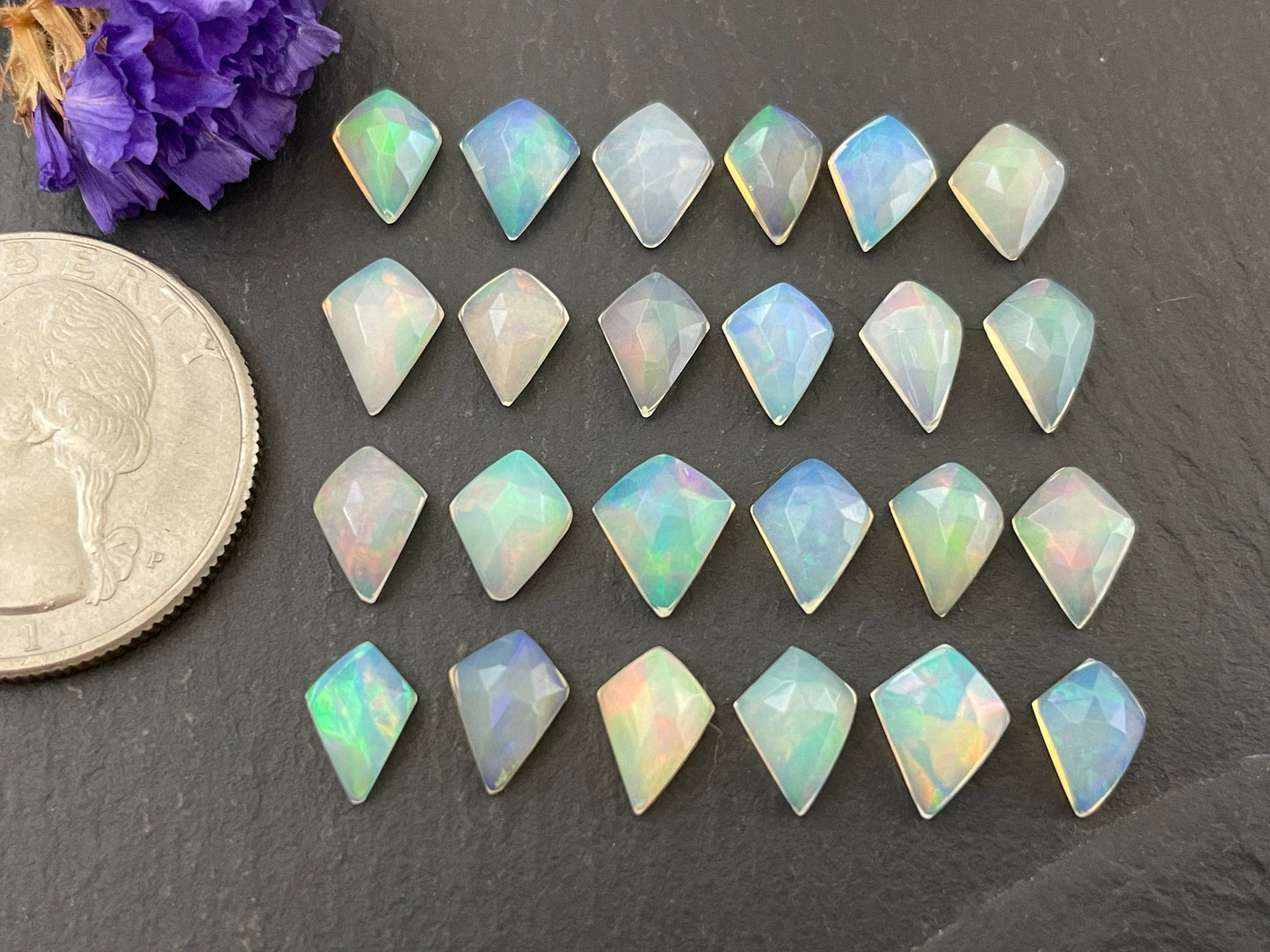 Faceted Ethiopian Opal kite 7-8mm long cabochon