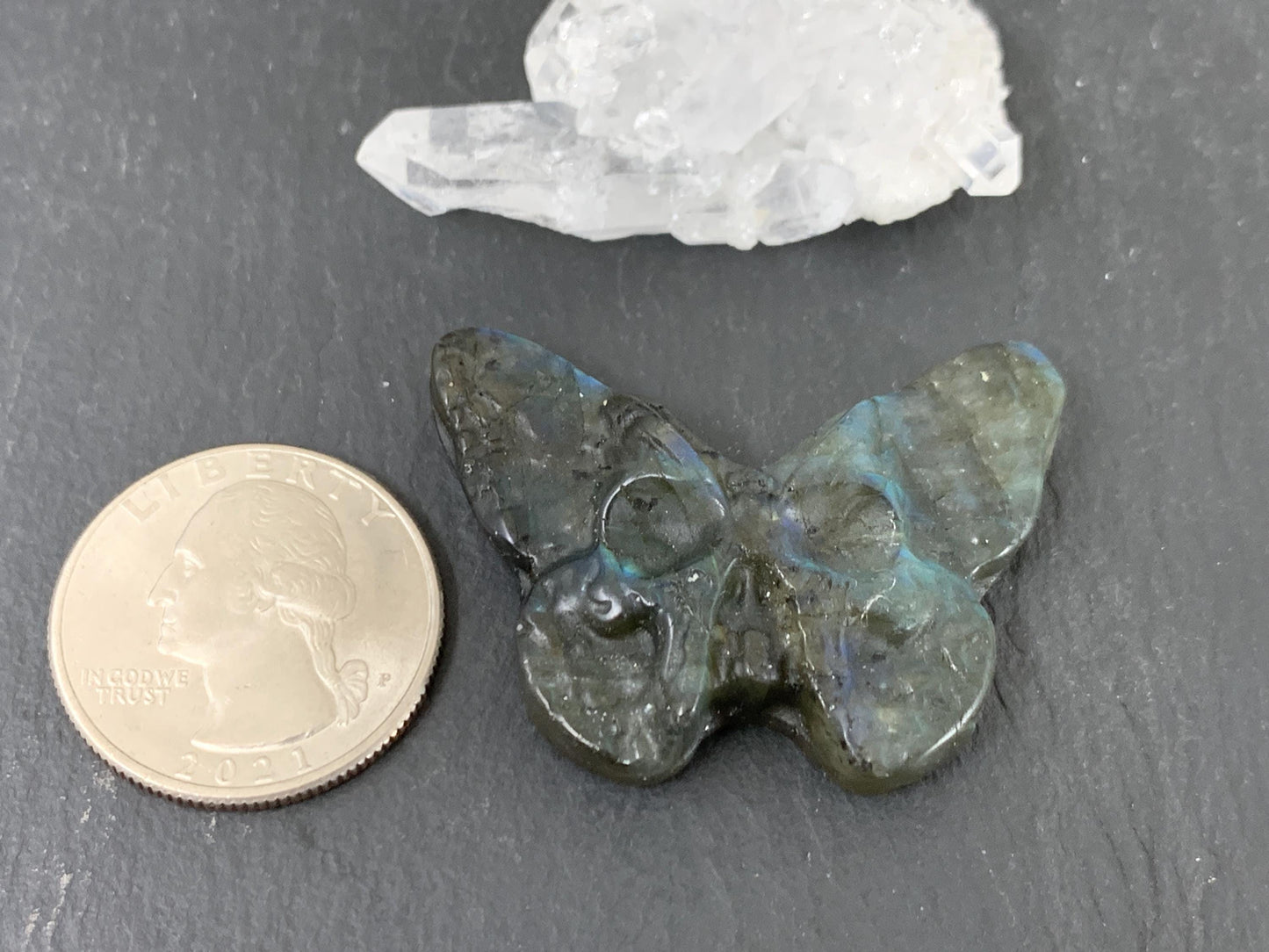 Labradorite Butterfly Carving - 29x41mm Flat Back Ghost Face Gemstone