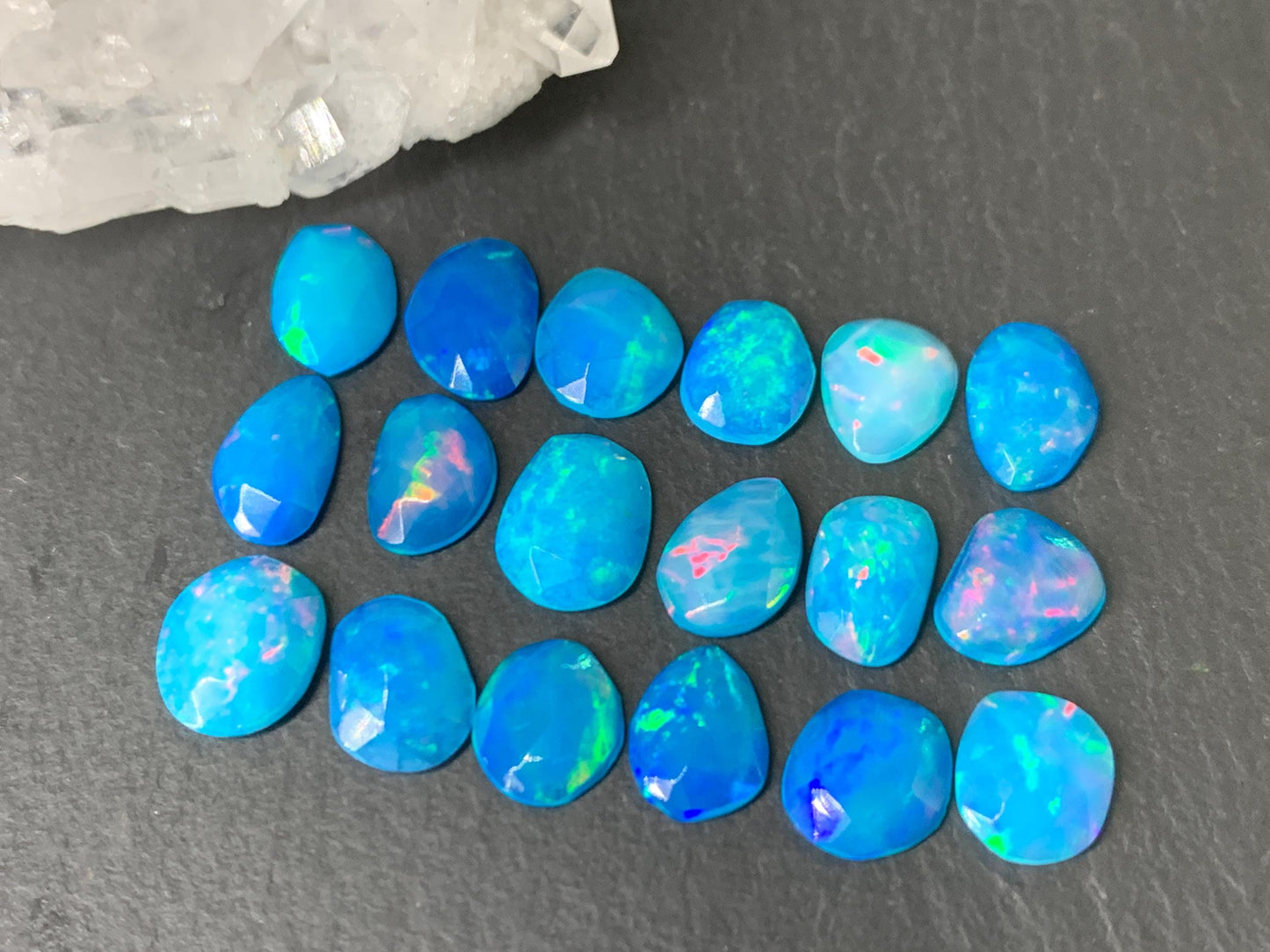 Faceted Blue Ethiopian Opal 8-9mm long cabochon