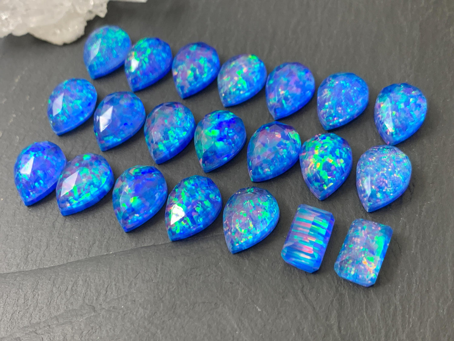 Faceted Aurora Opal Pear 10x14mm, rectangle 7x12mm doublet cabochons - Doublet cabochons