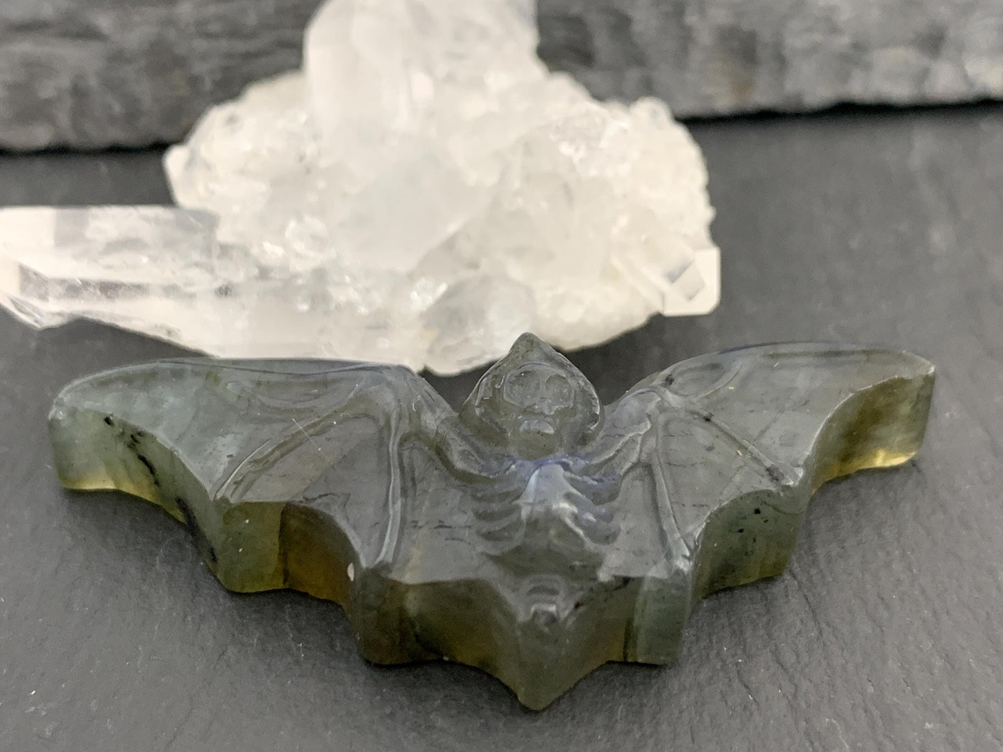 Labradorite skeleton bat 20x48mm flat back carving