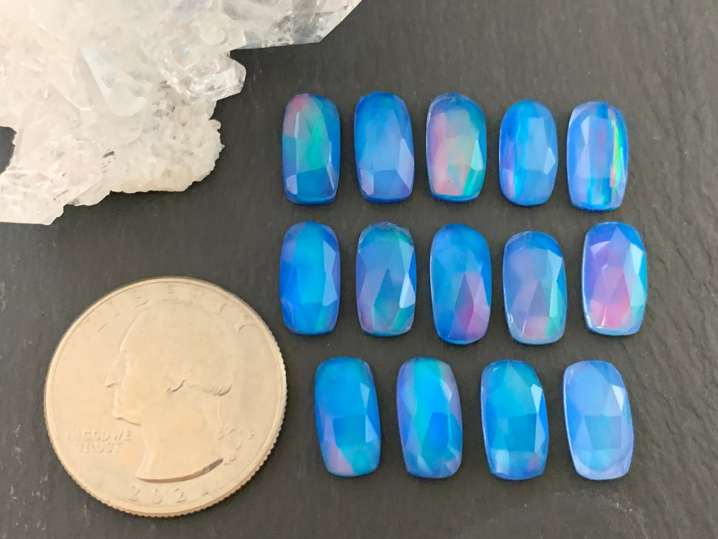Faceted Aurora Opal 7x14mm cabochon - Doublet cabochon
