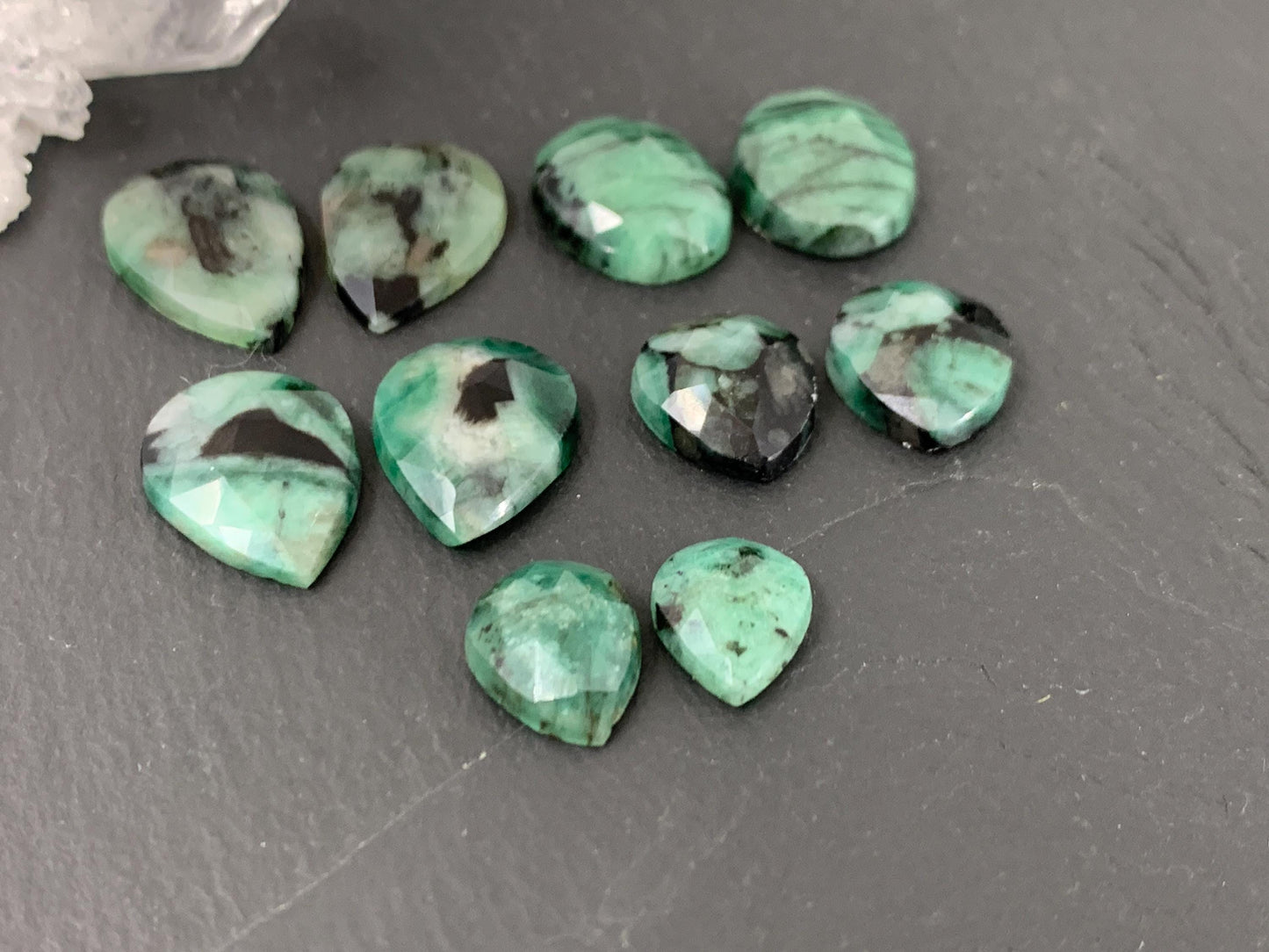 Faceted Emerald Pair 10-16mm long cabochons