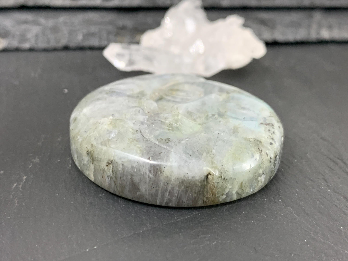Labradorite Sun Moon Carving – Natural 43mm Flat Back Gemstone Art