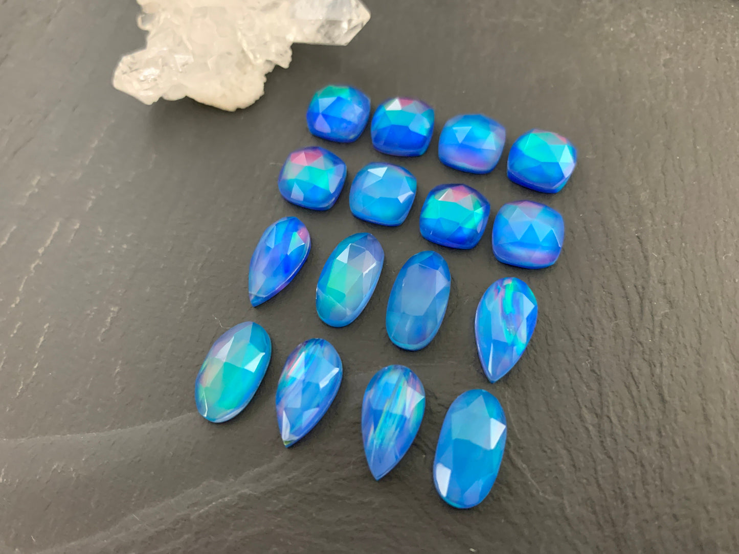Faceted Aurora Opal 10-15mm long cabochon - Doublet cabochons
