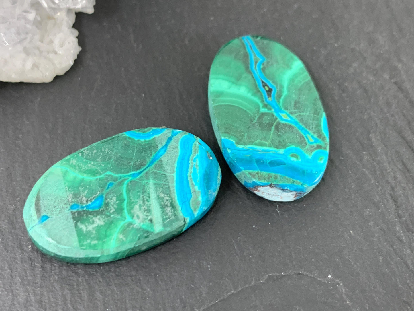 Malachite Chrysocolla oval 14x23x4.5mm cabochon pair