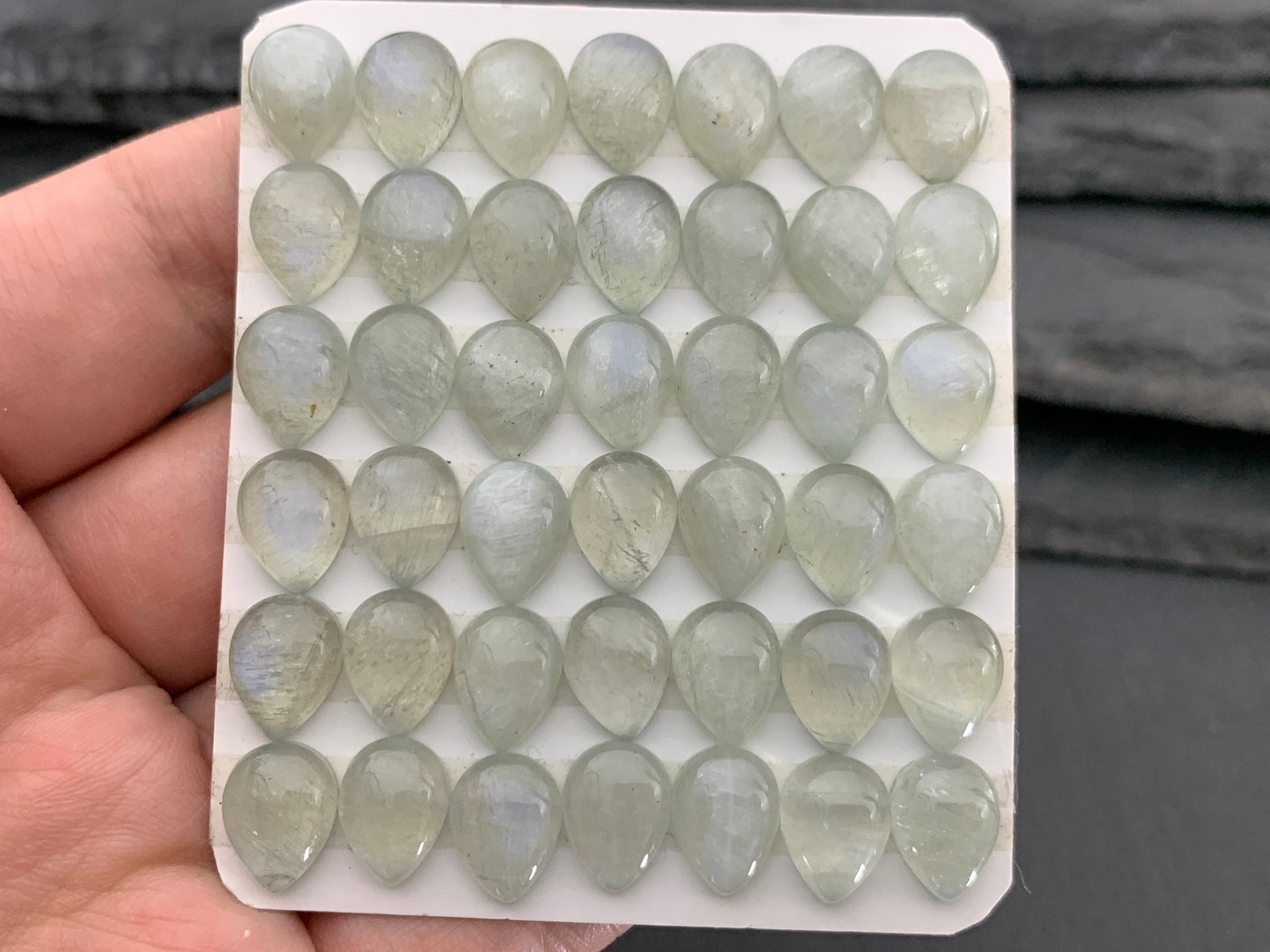 Green Moonstone pear 8x10mm cabochon - Calibrated Cabochons