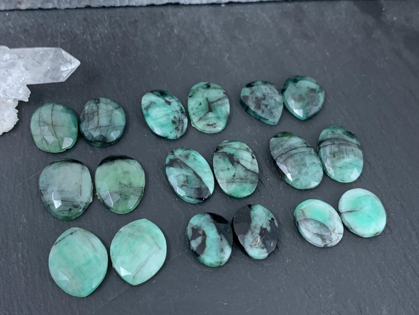 Faceted Emerald pair 14-18mm long cabochon