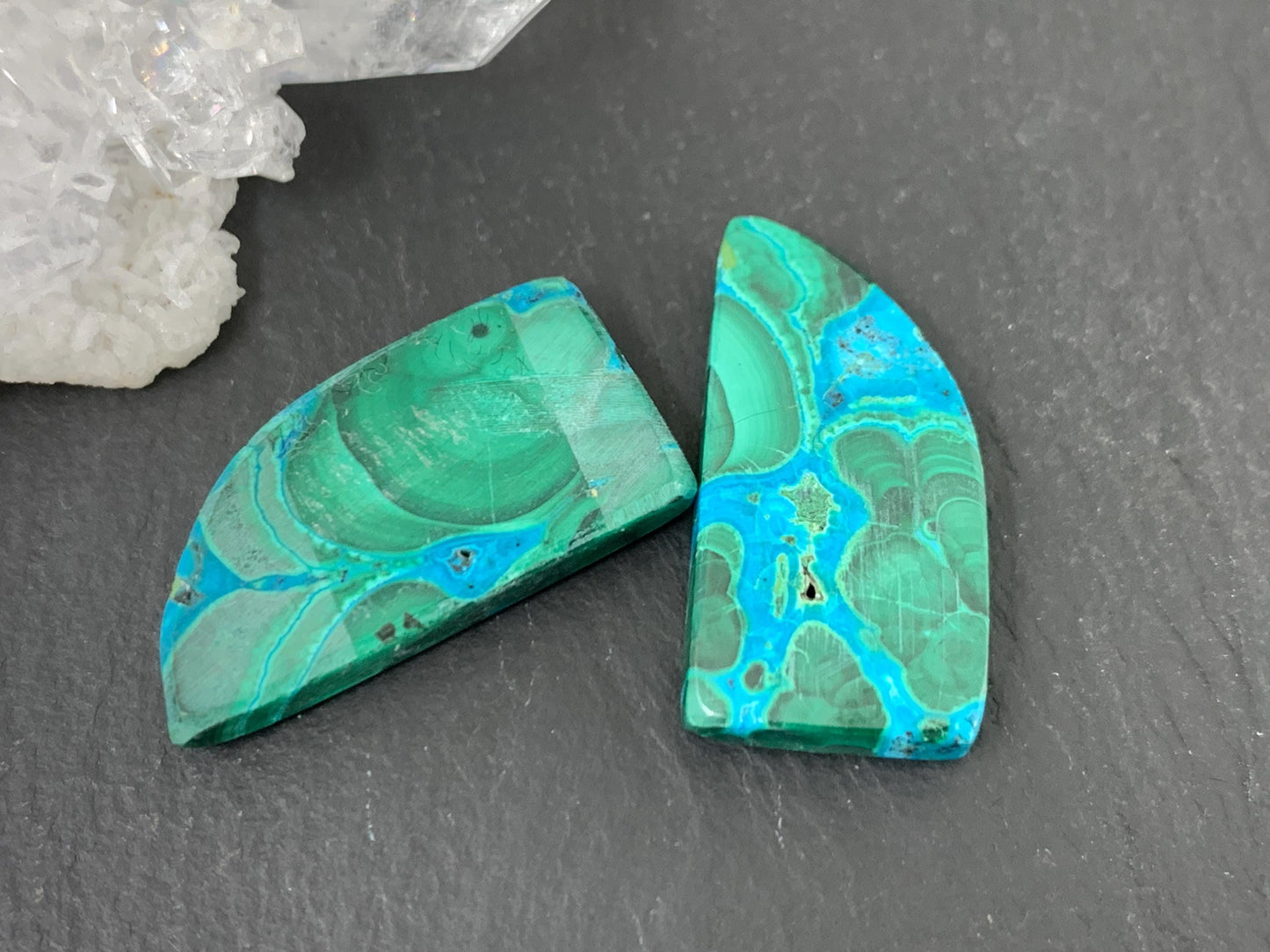 Malachite Chrysocolla free form 13x25x4mm cabochon pair