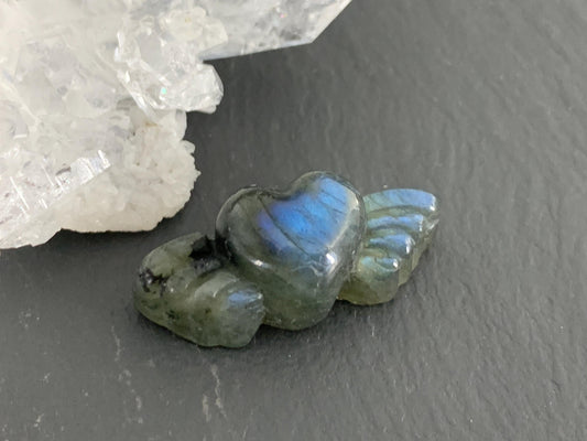 Labradorite Heart with Wings 25x10mm. Hand Carved Gemstone