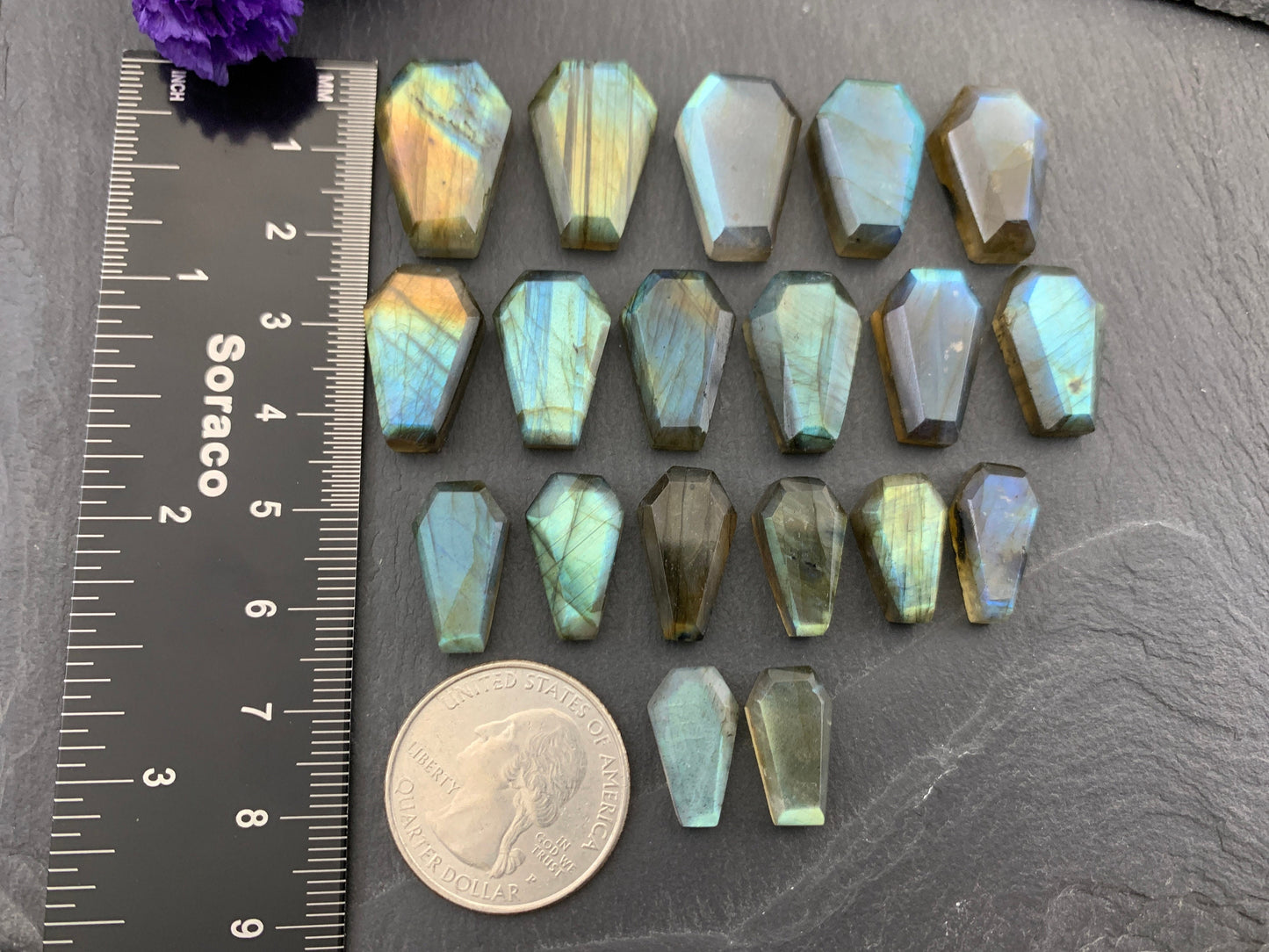 Faceted Labradorite coffin 15-22mm long cabochon