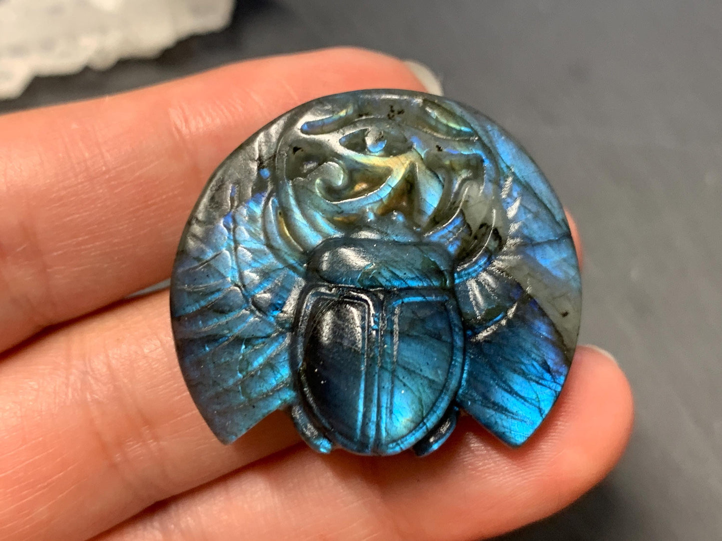 Labradorite Scarab Carving: Ancient Egyptian Eye of Horus Symbol of Protection (34x30mm)