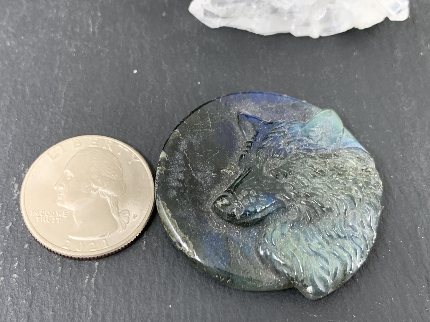 Labradorite Wolf Carving - 40mm Natural Gemstone Flat Back Design