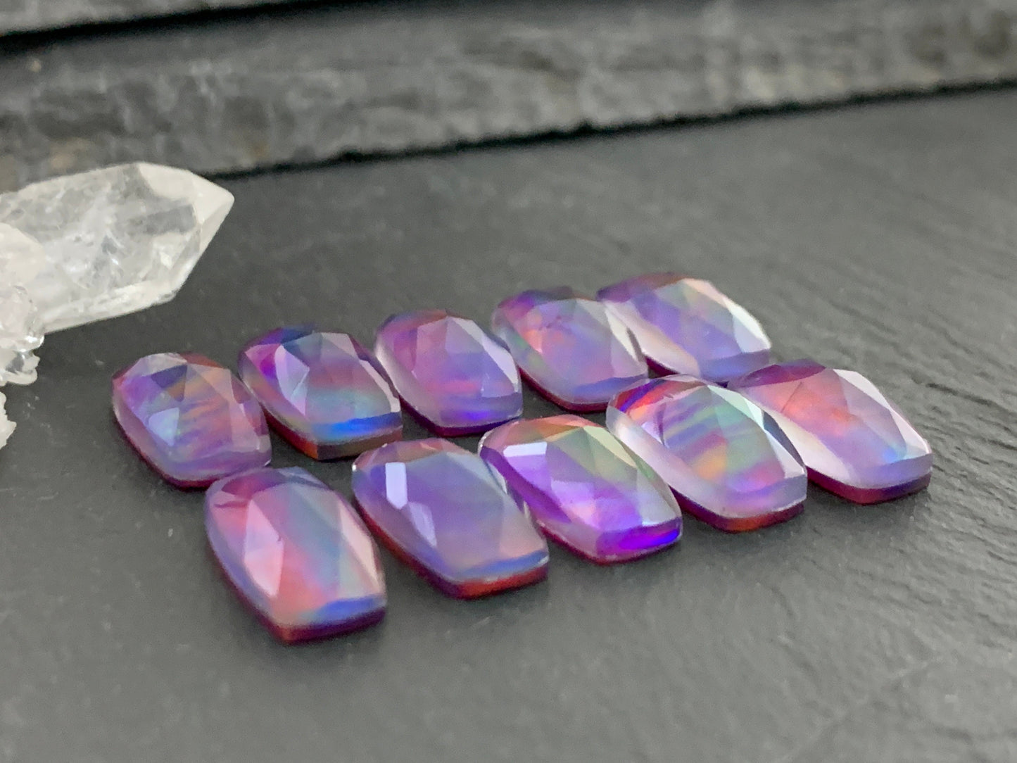 Faceted Aurora Opal rectangle 7x14mm cabochon - Doublet cabochons