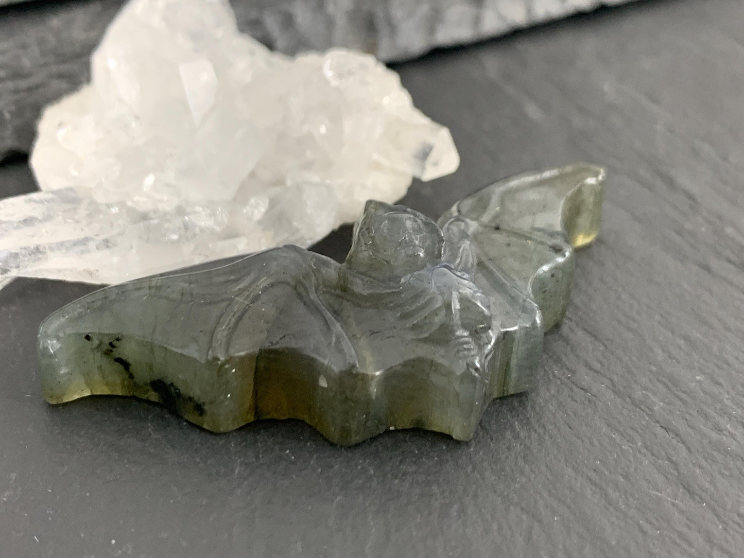 Labradorite skeleton bat 20x48mm flat back carving