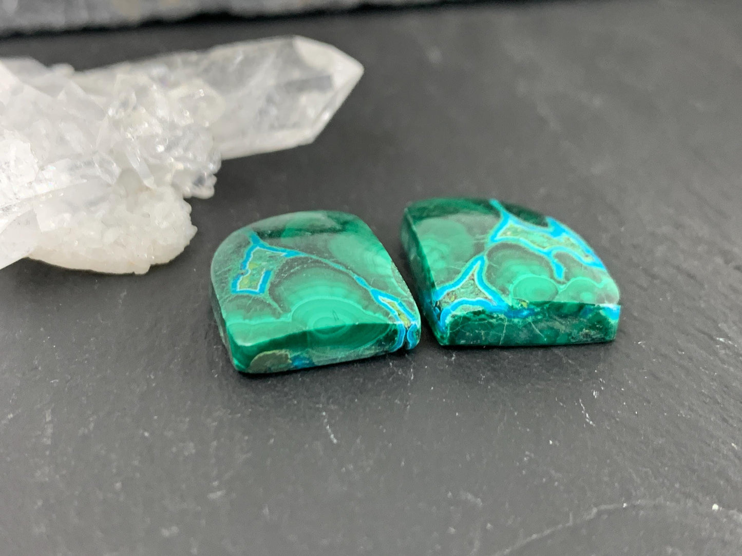Malachite Chrysocolla free form 14x17x5mm cabochon pair
