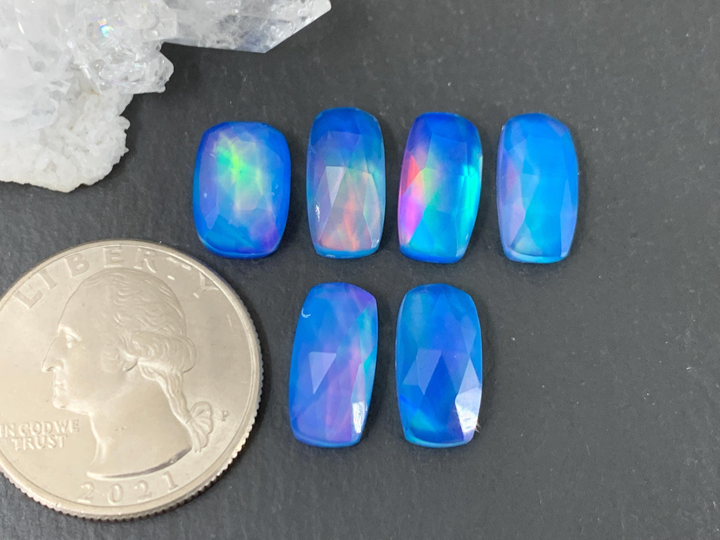Faceted Aurora Opal rectangle 7x14mm long doublet cabochons