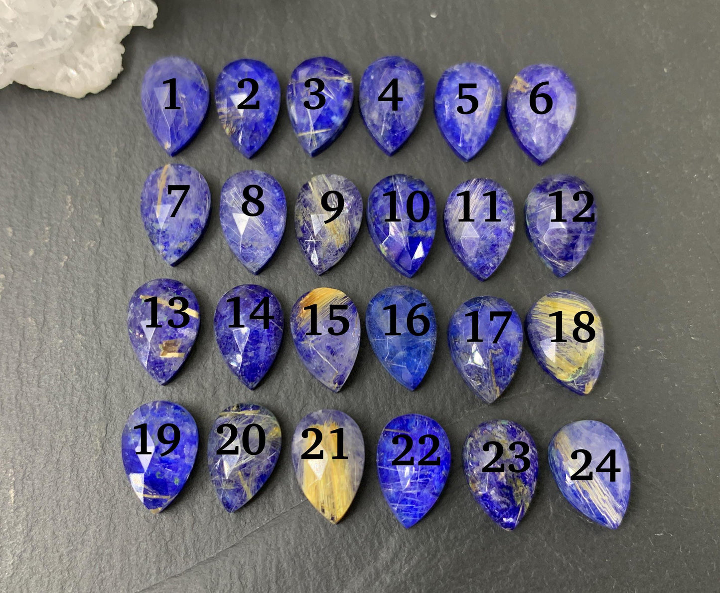 Faceted Gold Rutilated Quartz & Lapis Lazuli pear 8x12mm cabochon - Doublet cabochons
