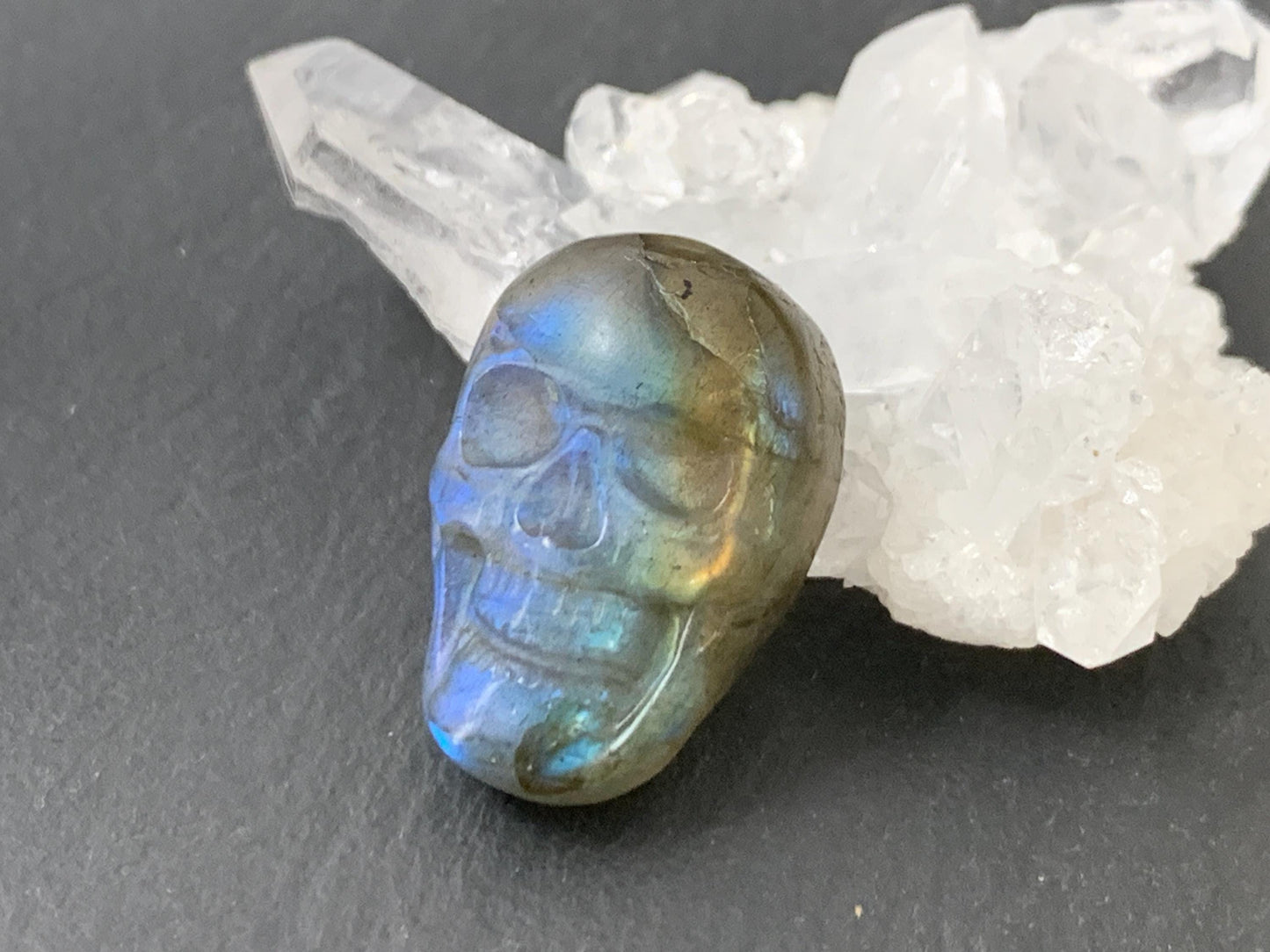 Labradorite Skull - Unique 15x21mm Mystic Green Gemstone Cabochon Flat Back Carving