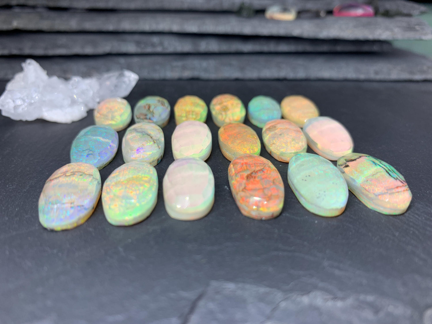 Faceted Monarch Opal oval 10x20mm cabochons - Doublet cabochons