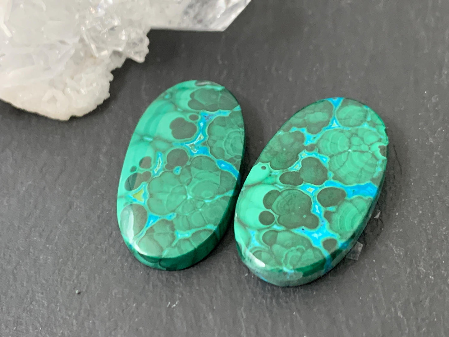 Malachite Chrysocolla oval 13x24x4mm cabochon pair