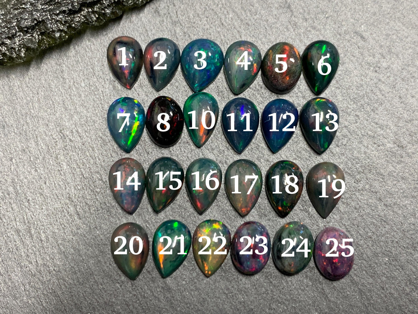 Black Ethiopian Opal pear 8-9mm long cabochon