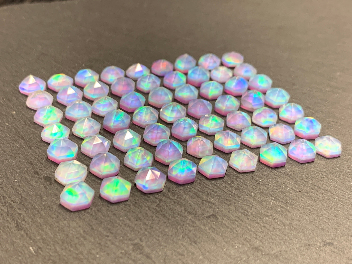 Faceted Aurora Opal hexagon 7mm cabochon - Doublet cabochons