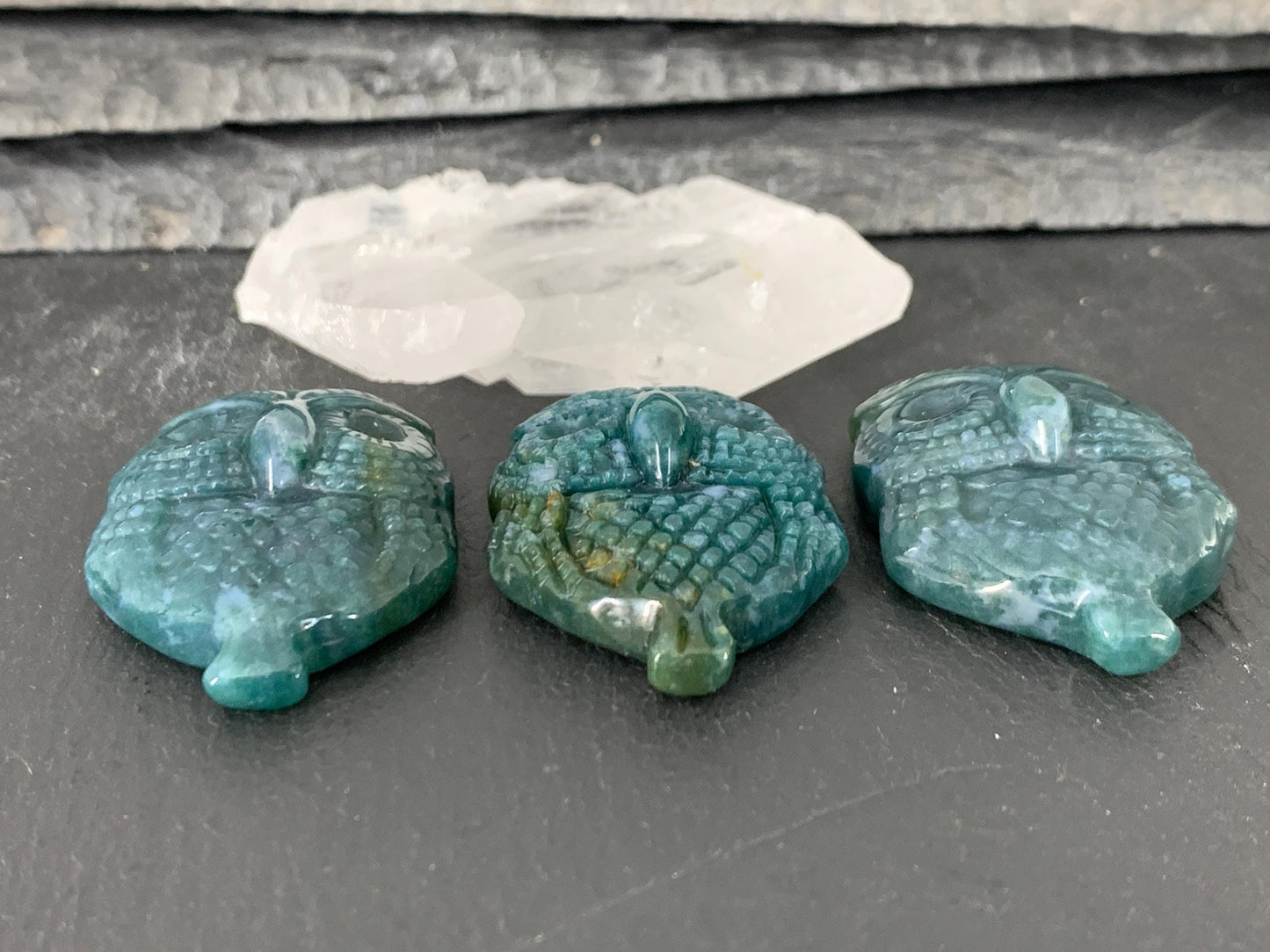 Ocean Jasper owl top drilled cabochon carving
