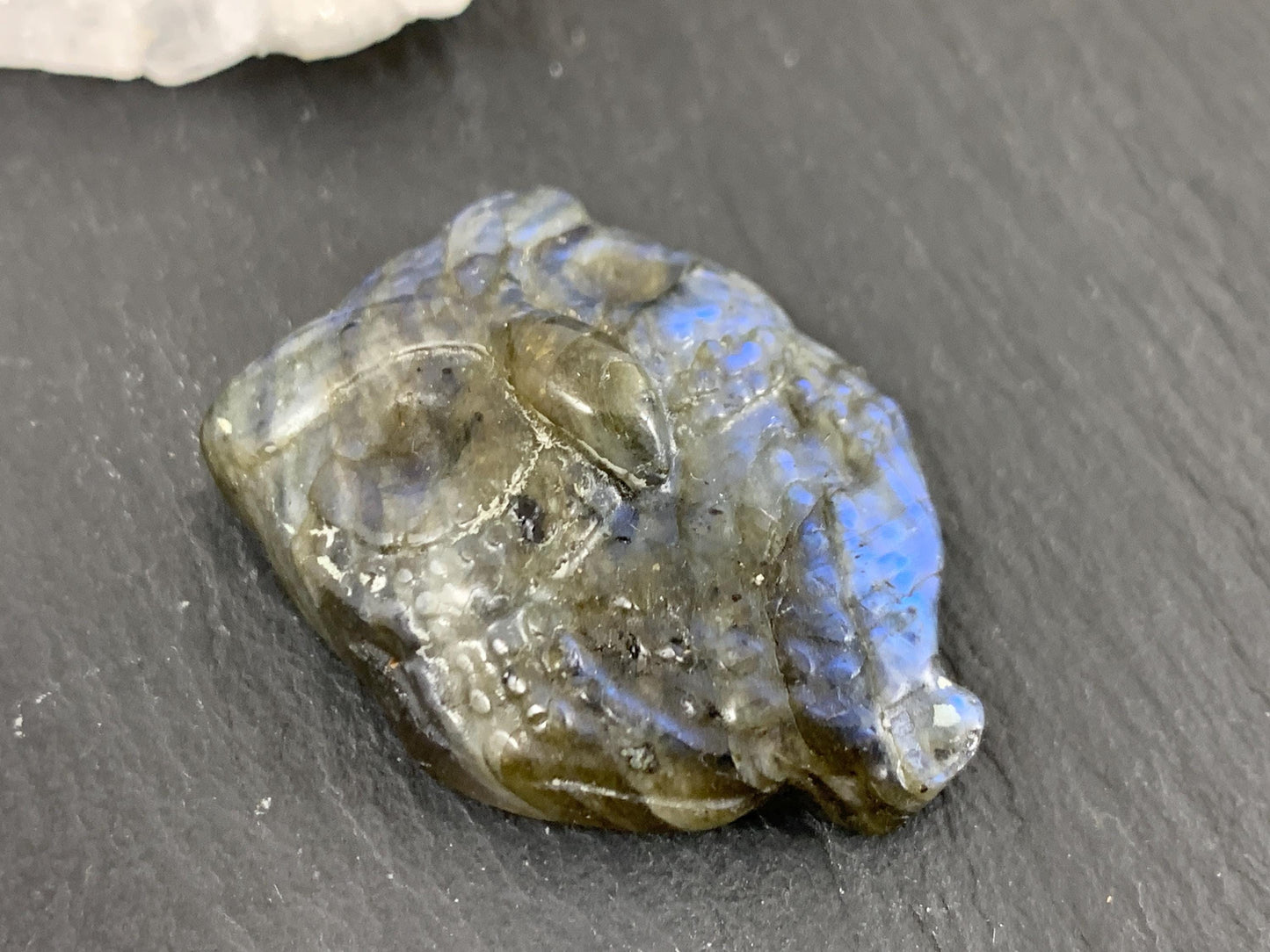 Labradorite Owl Carving 27x35mm Flat Back Gemstone - Natural Iridescent Stone