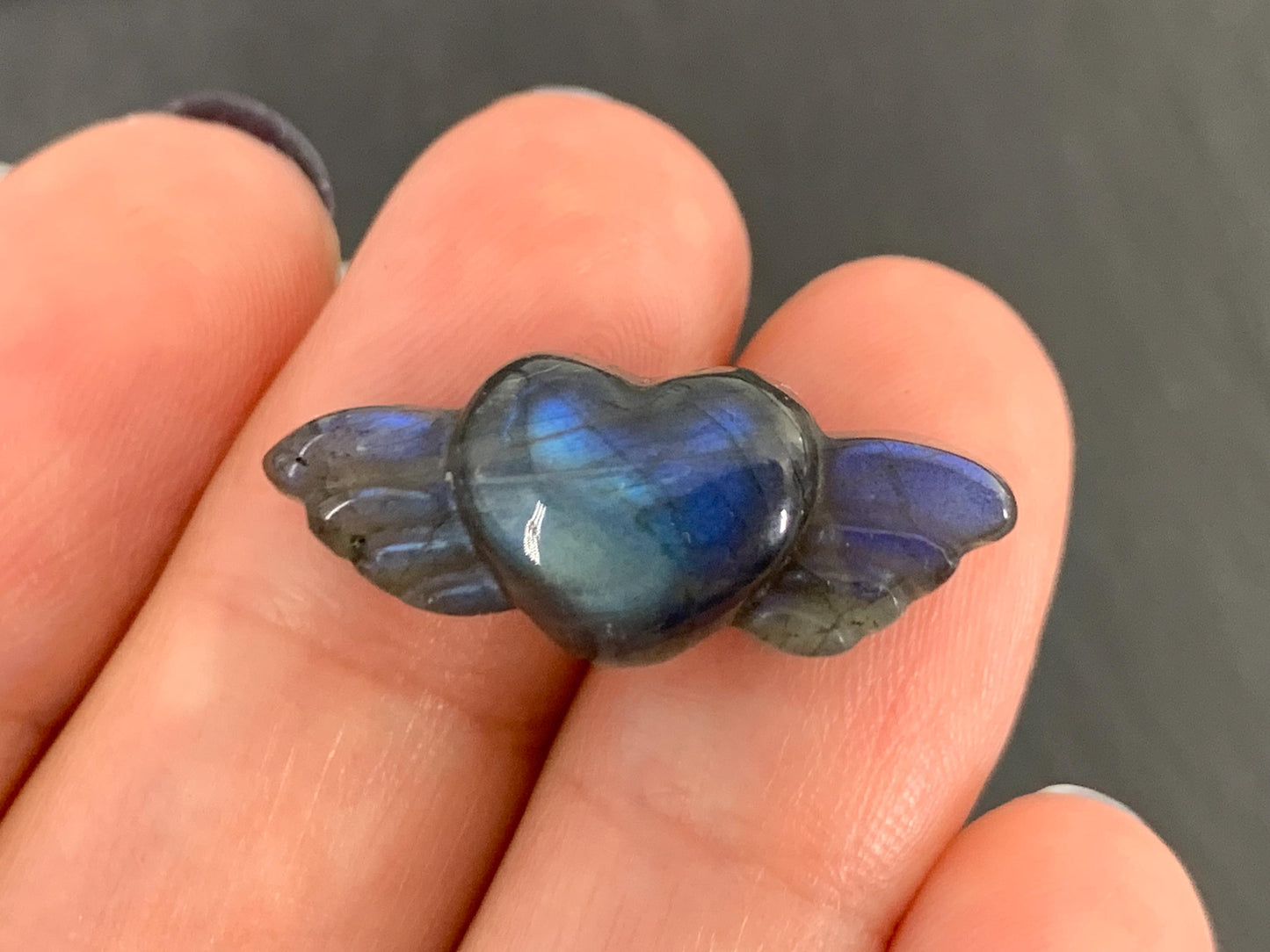 Labradorite Heart with Wings 25x10mm. Hand Carved Gemstone