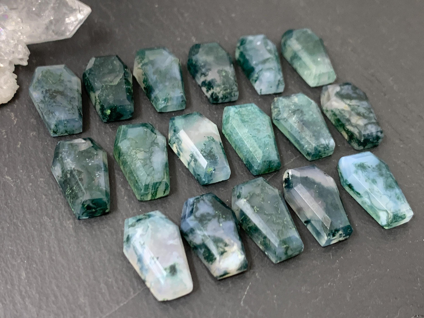 Faceted Moss Agate coffin 10x16mm cabochon