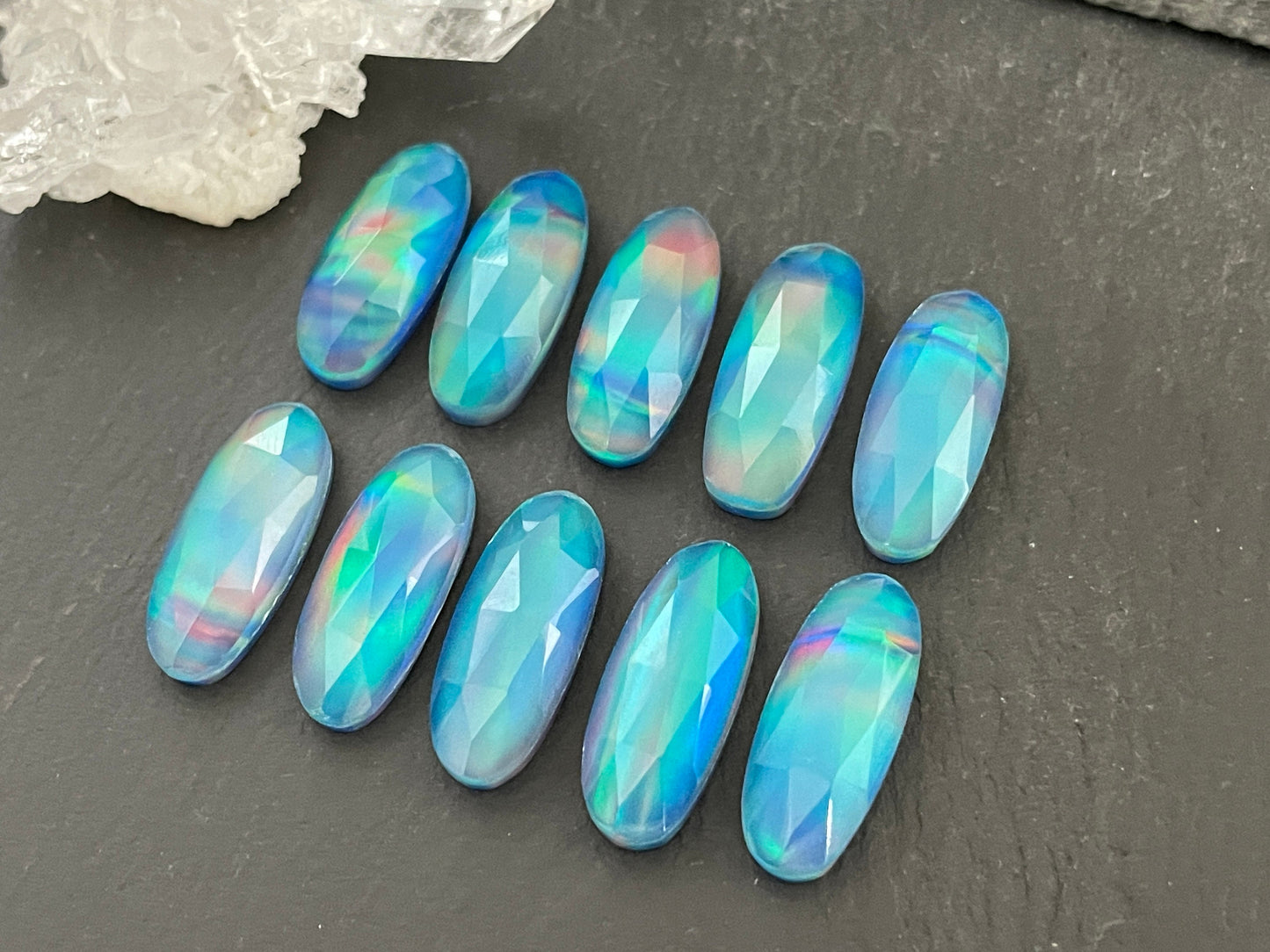 Faceted Aurora Opal oval 8x20mm cabochon - Doublet cabochons